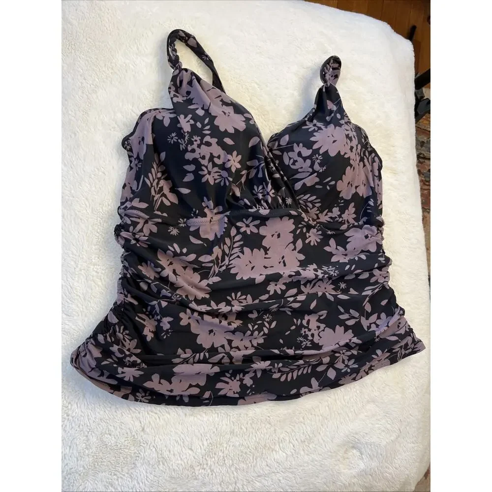 Lands End 16 W Black Brown Floral Print Tankini Swimsuit Swim Tank w/ Bra Boho